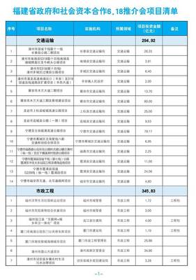 福建93个政府和社会资本合作(PPP)项目邀您来对接【聚焦十五届6&middot;18】
